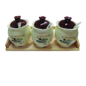 Σετ 3 κεραμικά βάζα με κουταλάκια σε ξύλινη βάση [00109342]