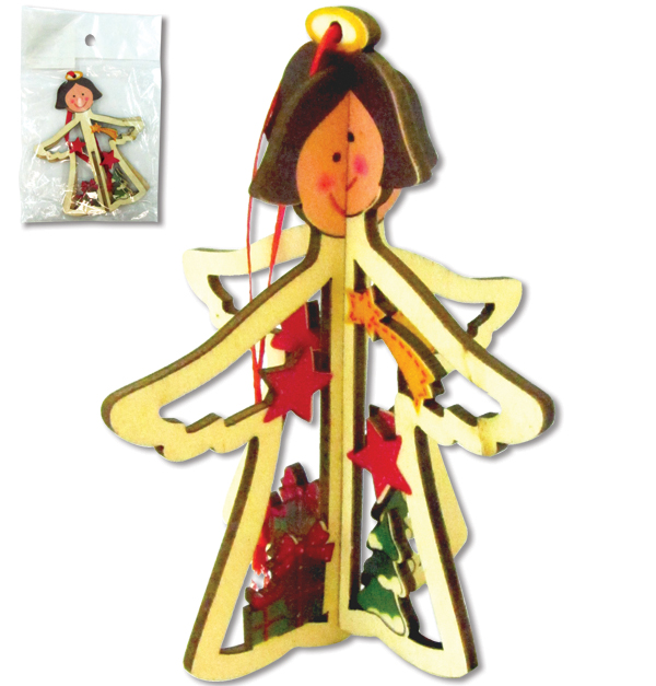 Ξύλινο τρισδιάστατο κρεμαστό Χριστουγεννιάτικο στολίδι αγγελάκι 10,5cm [00001055]