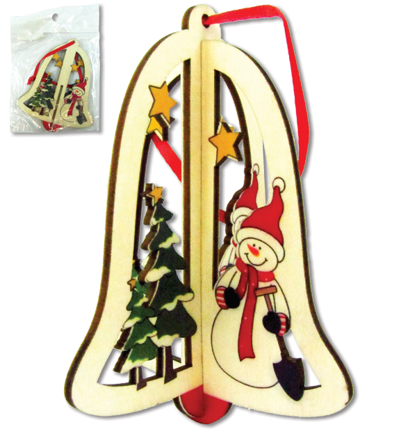 Ξύλινο τρισδιάστατο κρεμαστό Χριστουγεννιάτικο στολίδι καμπάνα 10,5cm [00001057]